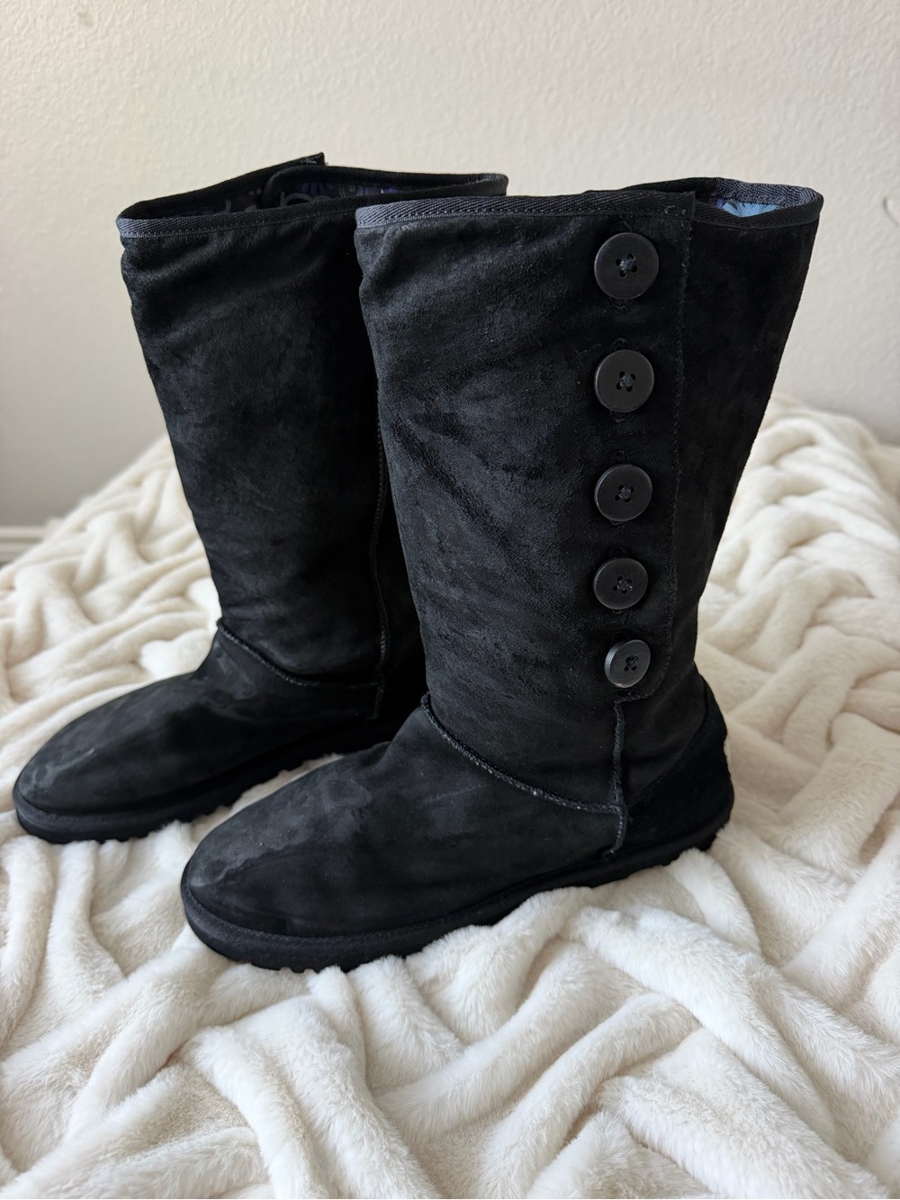 UGG Black Mid-Calf Button-Accent Suede Boots